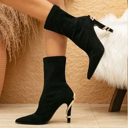Eilyken Crystal Rhinestone Black Thin Heels Shoes Ankle Boots Women Pointed Toe Strap Zapatos De Mujer