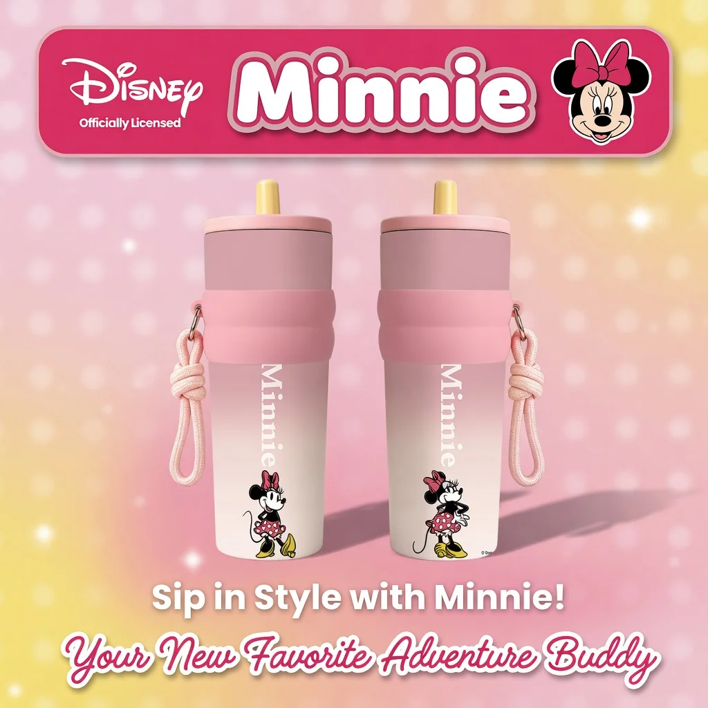 1pc 25oz Disney Minnie Mouse Stainless Steel Tumbler Insulated Travel Mug with Straw Hanging Rope Pink Coffee Cup for Fans