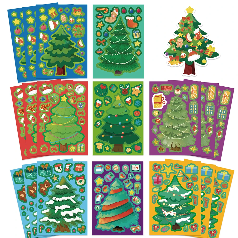 

8/16sheets Cartoon Christmas Tree Puzzle Stickers Make a Face DIY Assemble Jigsaw Educational Toy Decal Festive Party Decoration
