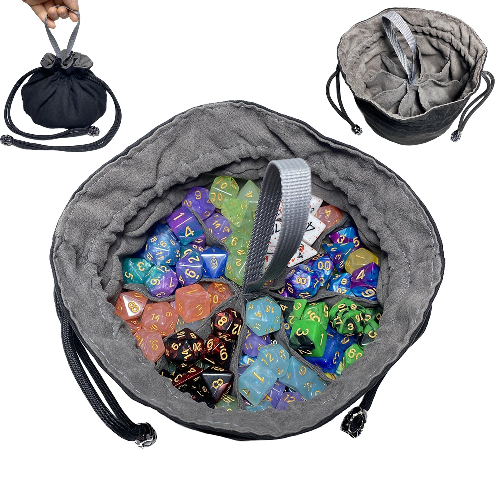 Dice Storage Bag with 8 Compartments, Drawstring Tote Bag, Tabletop Game Dice Storage for DND TRPG