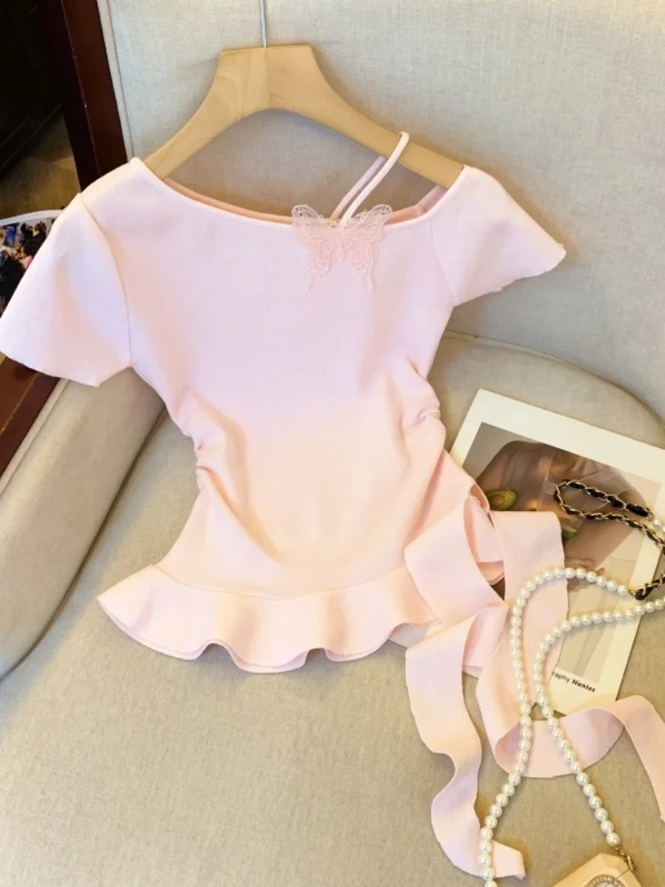 

Sweet Lace Knitted Top Women Summer Uneven Wood Ear Waist Slimming Oblique oulder ort Sve Pink Color irt