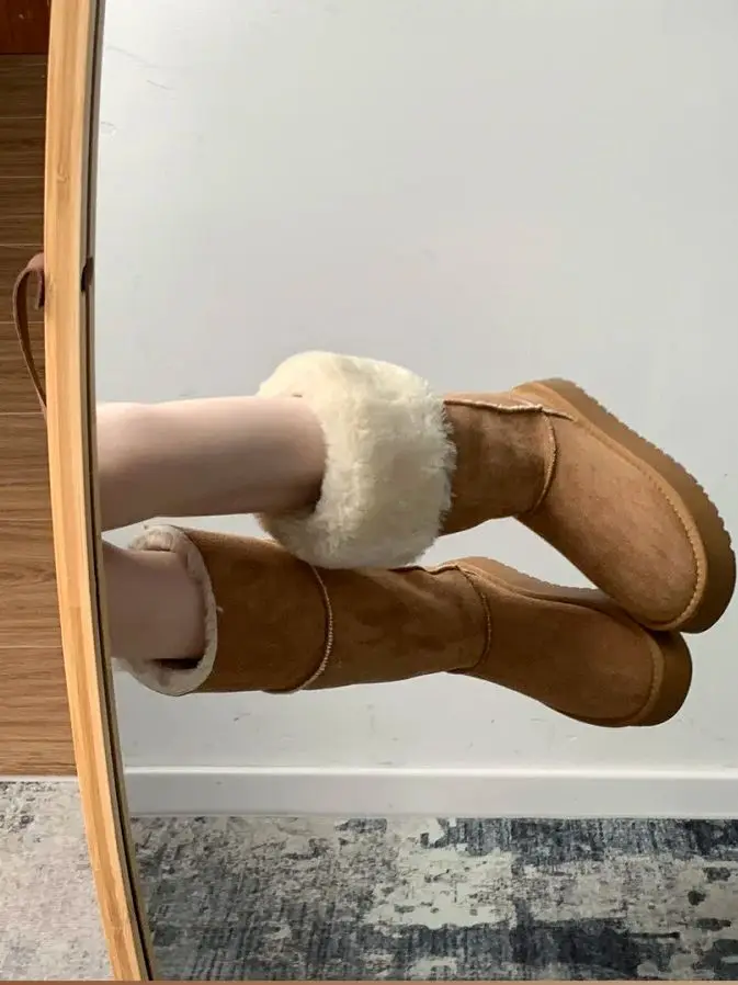 

2025 Women's Brown Platform Winter Boots - Fleece Lined Snow Boots with Thick Sole for Height Increase & Warmth