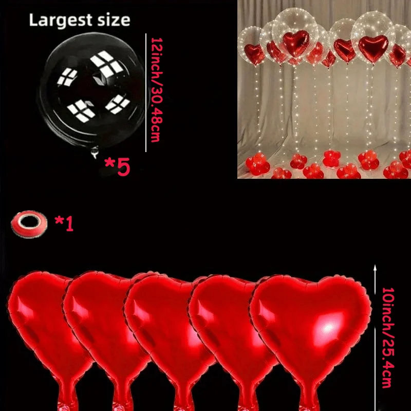 5-teiliges Set aus transparenten Luftballons und roten Herzballons für Hochzeit und Valentinstag – robustes 10-Zoll-Set, benötigt Heliumgas