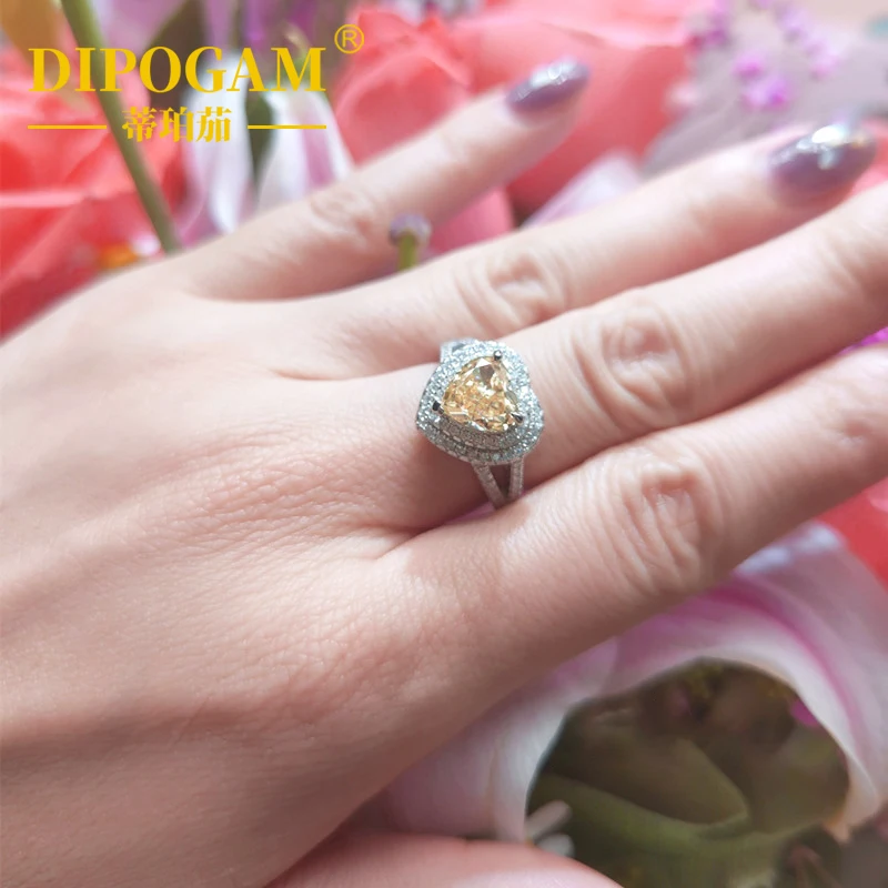 

S925 pure silver yellow diamond heart ring imported moissanite ring 2-carat group set fashionable wedding diamond ring