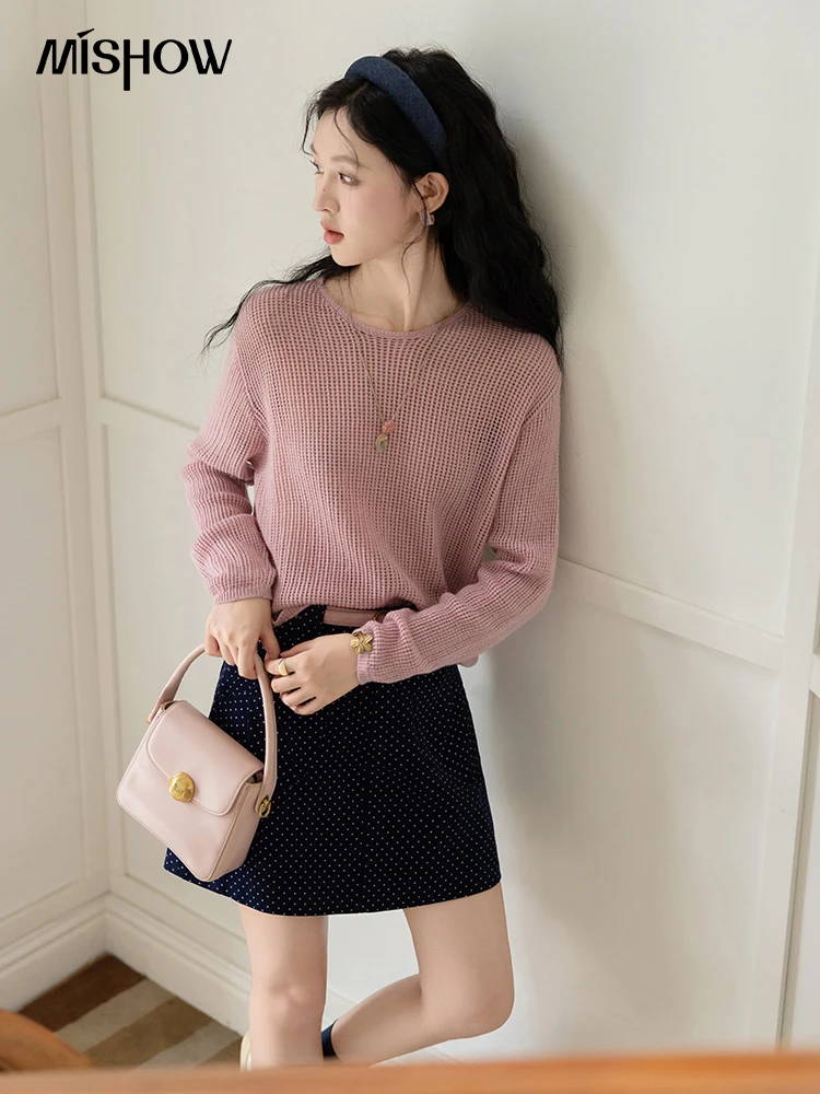 MISHOW French Hollowed Out Pullover Knitted Sweater for Women 2024 Autumn Korean Wool Blend Off Shoulder Sleeves Top MXD44Z0813