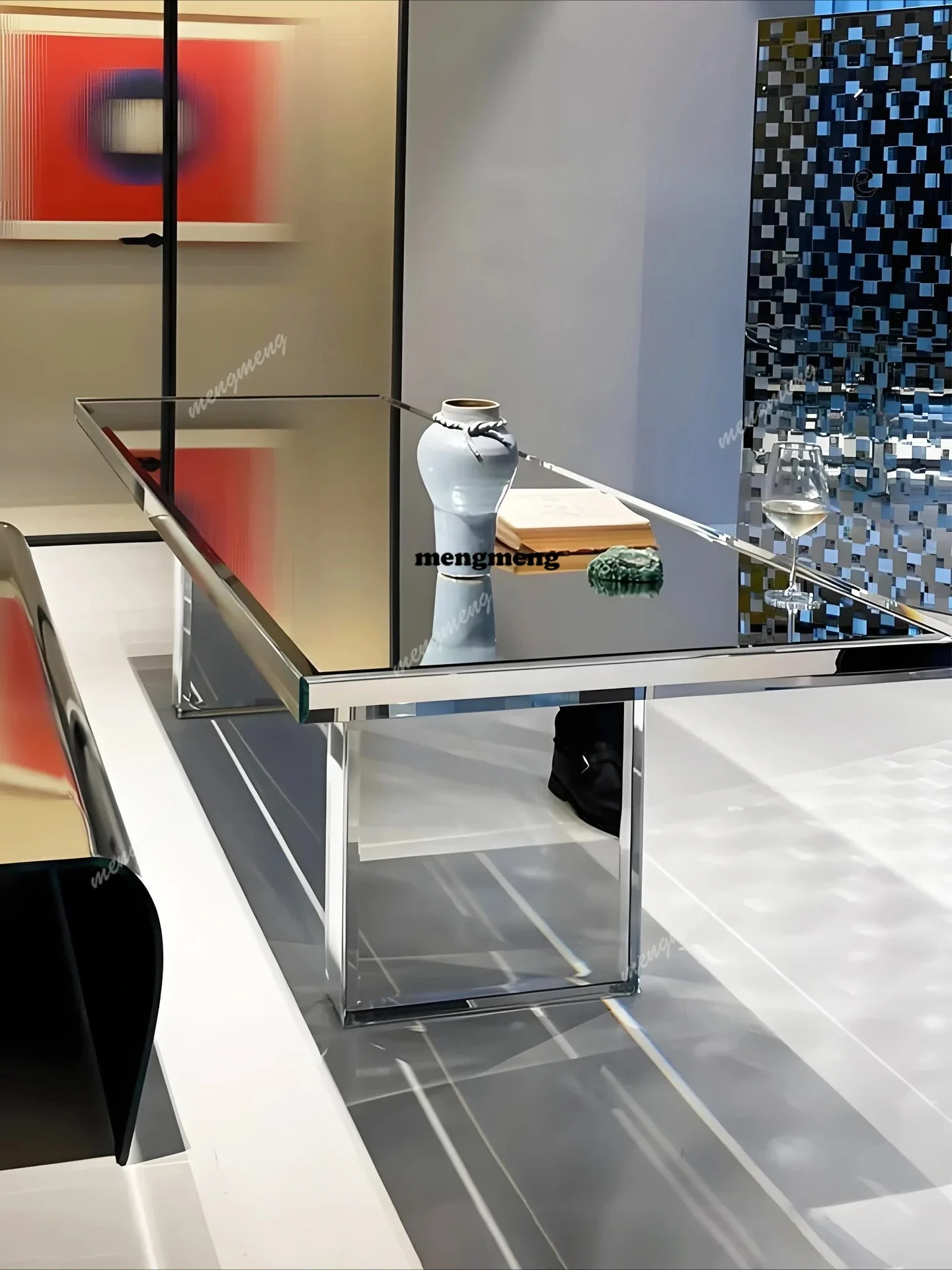 Hot sales Silver-plated mirror glass dining table Household modern minimalist high-end rectangular office conference table