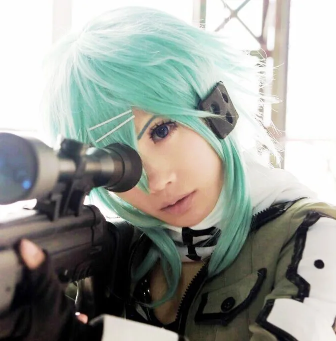 High Quality Sword Art Online Sword Sinon Asada Shino Cosplay Wig Green Blue Heat Resistant Synthetic Hair Wigs + Wig Cap