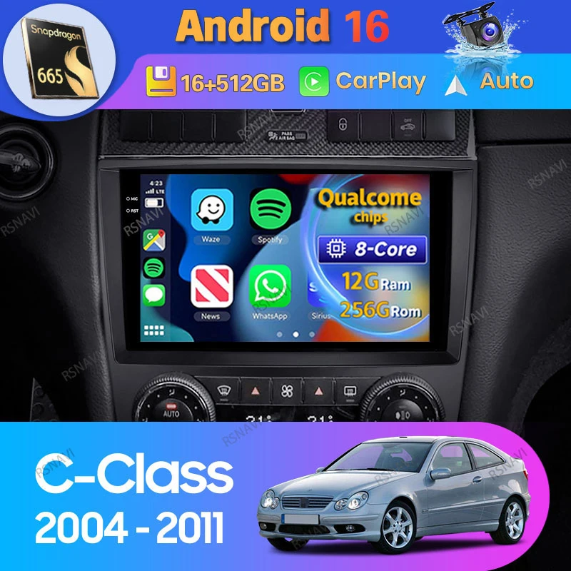 Android 16 Car Radio For Mercedes Benz C-Class C Class W203 W209 C180 C200 CL203 C209 A209 2004 - 2011 Carplay Auto Player Video