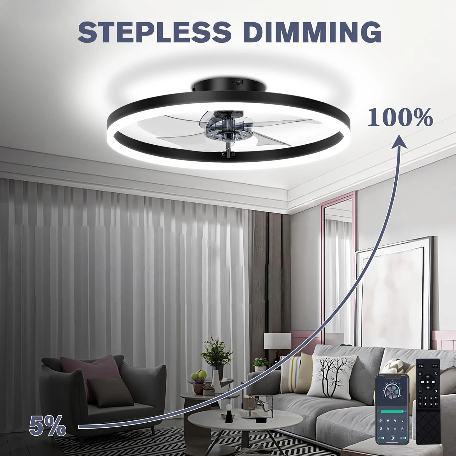 Modern ceiling fan with light and remote control, 19.7 "low-specification ceiling fan, with 6-speed and dimmable LED, APP  3CCT image 4