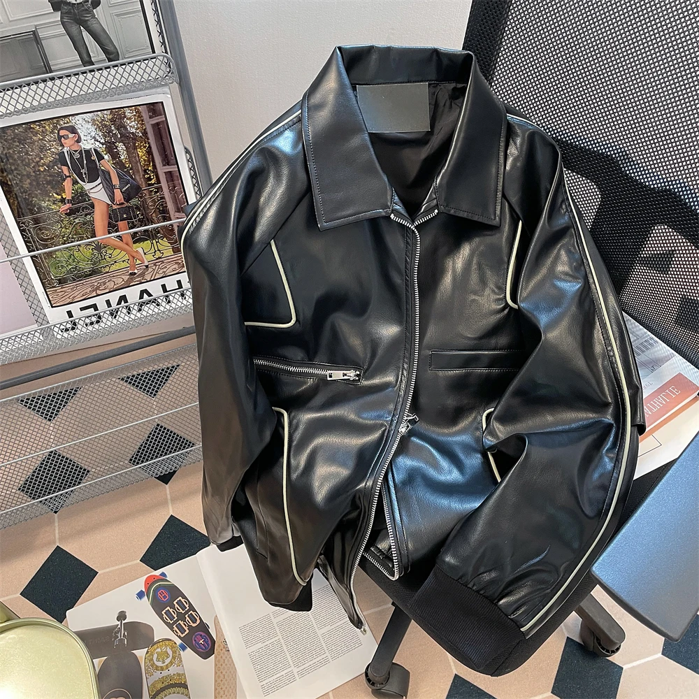 

Women's Black Gothic Emo Pu Leather Baseball Jacket Coat Vintage Hip Hop Mustang Jacket 2000s Vintage Outerwear Teenage Clothes