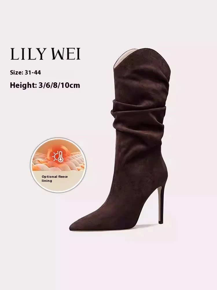

Stiletto high heels winter pointed wrinkled suede long and knee boots banquet large size small size plus velvet warm women boots
