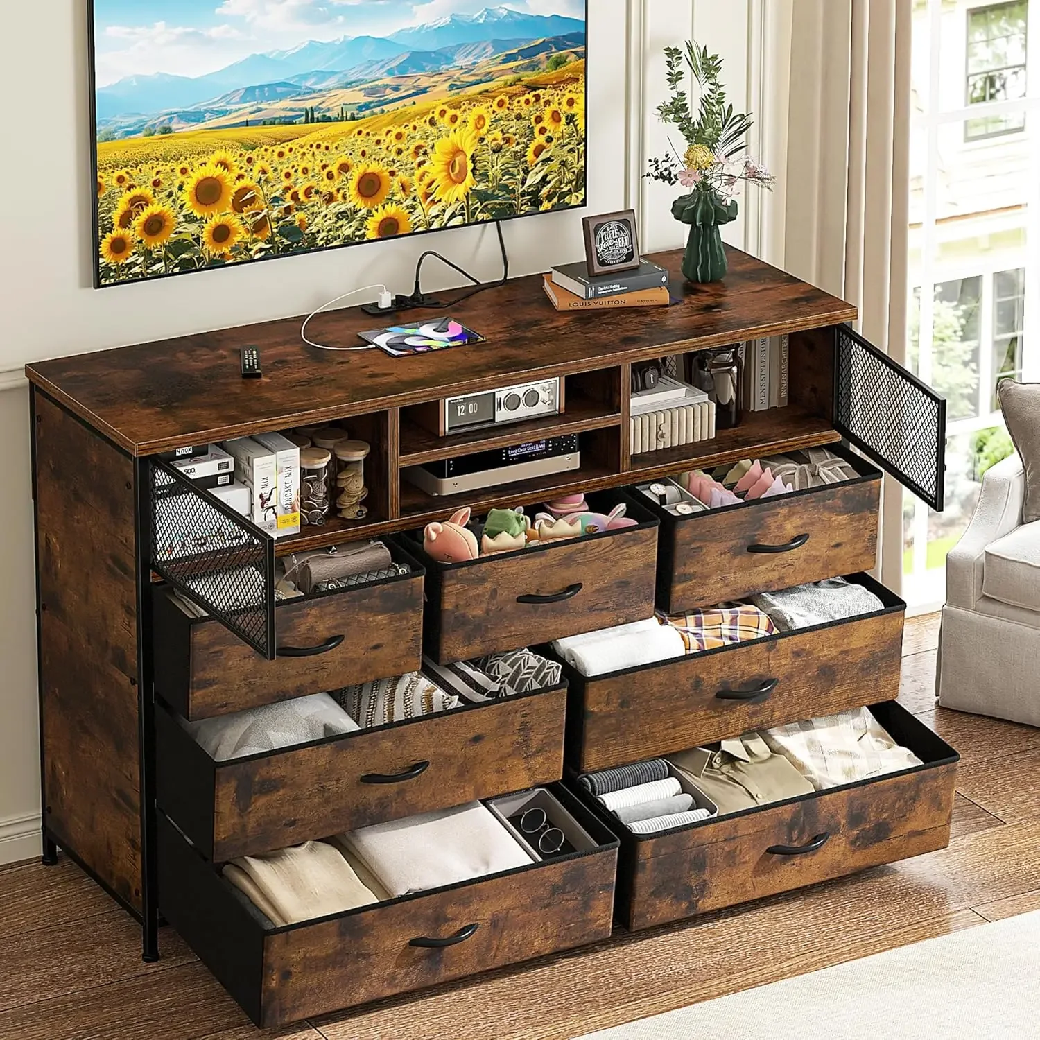 EnHomeDresser TV Stand com Power Outlet, TV Stand para quarto, TV Stands para sala de estar com 7 gavetas