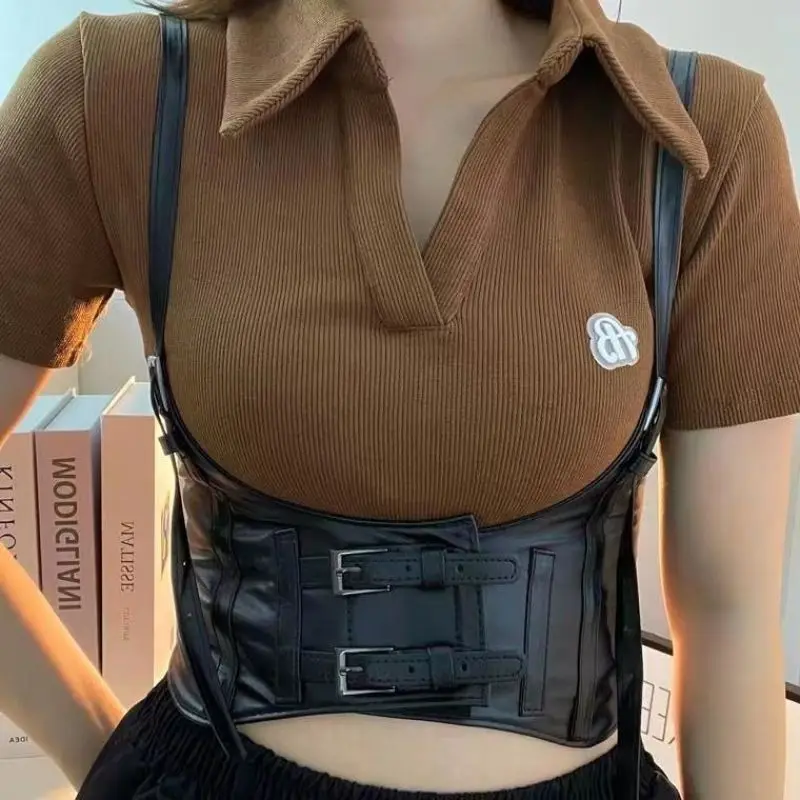Fashionable waistband decoration outerwear - Black ins punk-style camisole paired with a suit waist belt, women's waist cincher