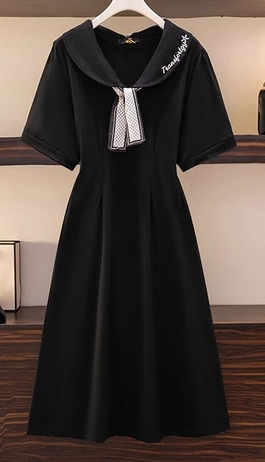 Large Size Women Summer New Fashion Long Black Short Sleeve Dress Sweet Peter Pan Collar Age-reducing Bow Tie High Waist Dresses