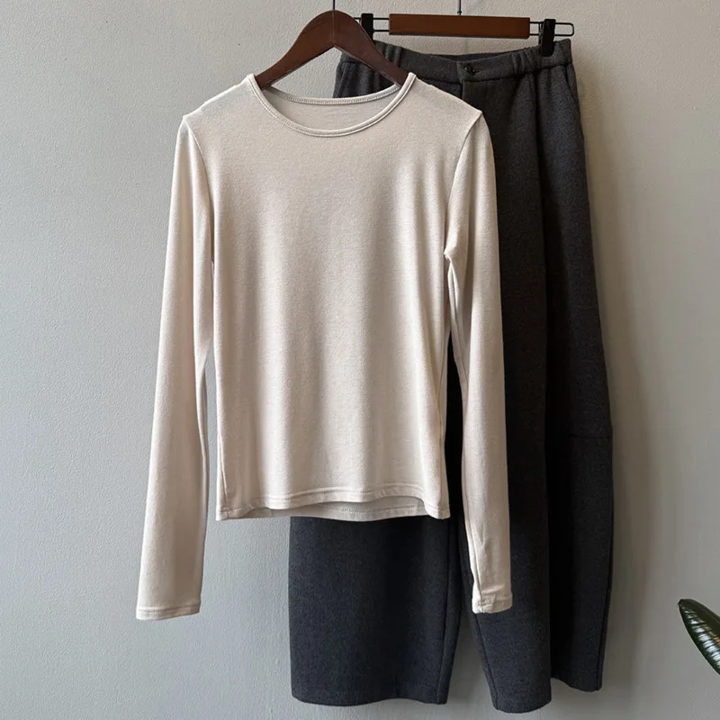 WHTREND الكورية نمط الجولة الرقبة بلون تي شيرت للنساء الخريف البلوز سليم صالح بسيط كم طويل قاعدة قميص WH2016 #6