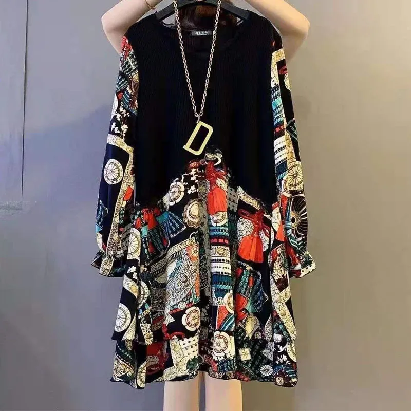 Long Sleeve Loose Patchwork Vintage Dress Female Fashion Casual Printing Round Neck Midi Dresses Women's Clothing Spring Summer