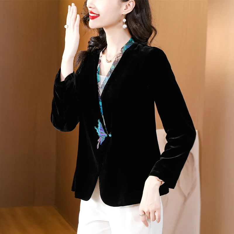 2024 Black Velvet Chic Embroidery Formal Jackets Autumn Winter Elegant Luxury Top Coats Women Korean Vintage Bodycon Top Jackets