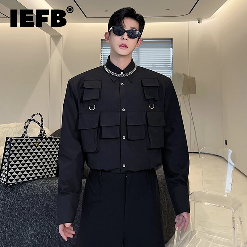 IEFB Shoulder Pad Shirt Trend Men Autumn New Safari Style Multi Pocket Clothing Tide Fashion Long Sleeve Tops Solid Color 9C1591