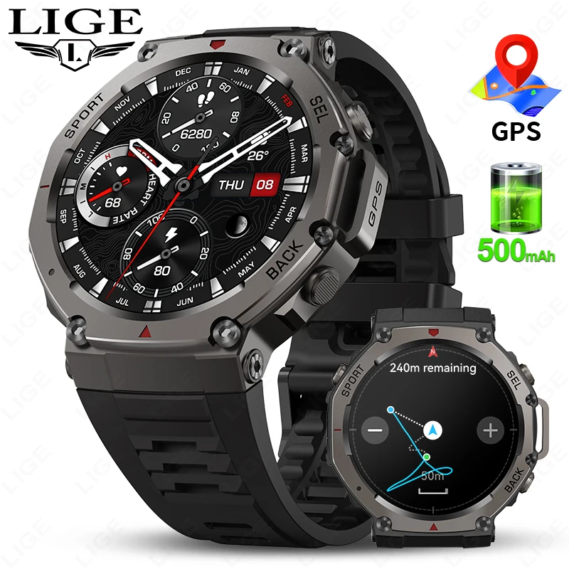 

LIGE Новые GPS Трек Смарт Часы Мужские 1.43" AMOLED Экран 5ATM Водонепроницаемость 500mAh Высокая Батарея Компас 170+ Спортивных Режимов Смарт-Часы