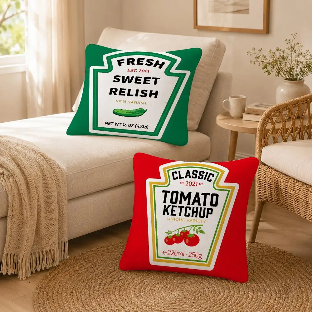 Food Classic Heinz Tomato Ketchup Cushion Cover Soft Throw Pillow Cover Washable Plush Cushion Case for Sofa Bed Living Room