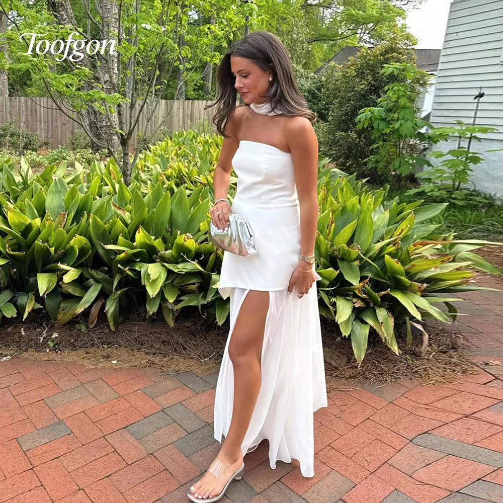 Toofgon Strapless Satin Chiffon Wedding Prom Dresses Sleeveless Shawls Bride Gown Customized Backless Beach Boho Bridal Gowns