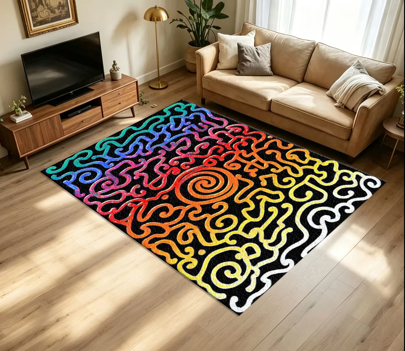 Rainbow Spiral Swirl Psychedelic Abstract Carpet Flooring Boho Creative Area Rug
