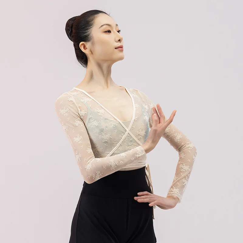 Woman Ballet Crop Lace Jacket Dance Top Wrap V Neck Long Sleeve Dance Shirt Bandage Ballet Tops Training Tops Dance Costumes