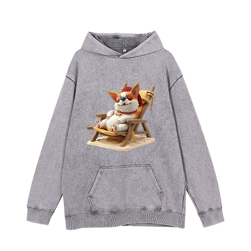 Cat print hoodie on rocking chair, women's round neck sweatshirt, sports shirt, women's casual Harajuku street wear hoodie