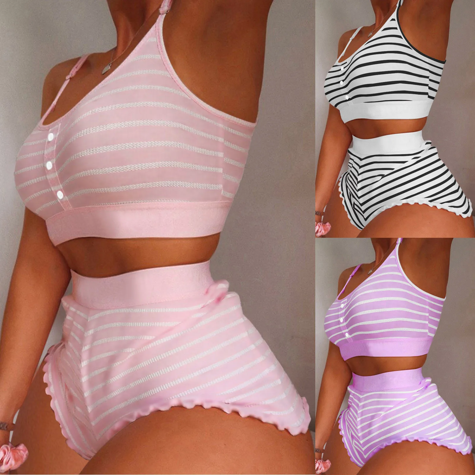 New Women\'s 2 Pieces Strip Hem Cami Pajama Set 2024 Femme Cute Crop Top & Shorts Suits Lady Sleepwear Nightwear