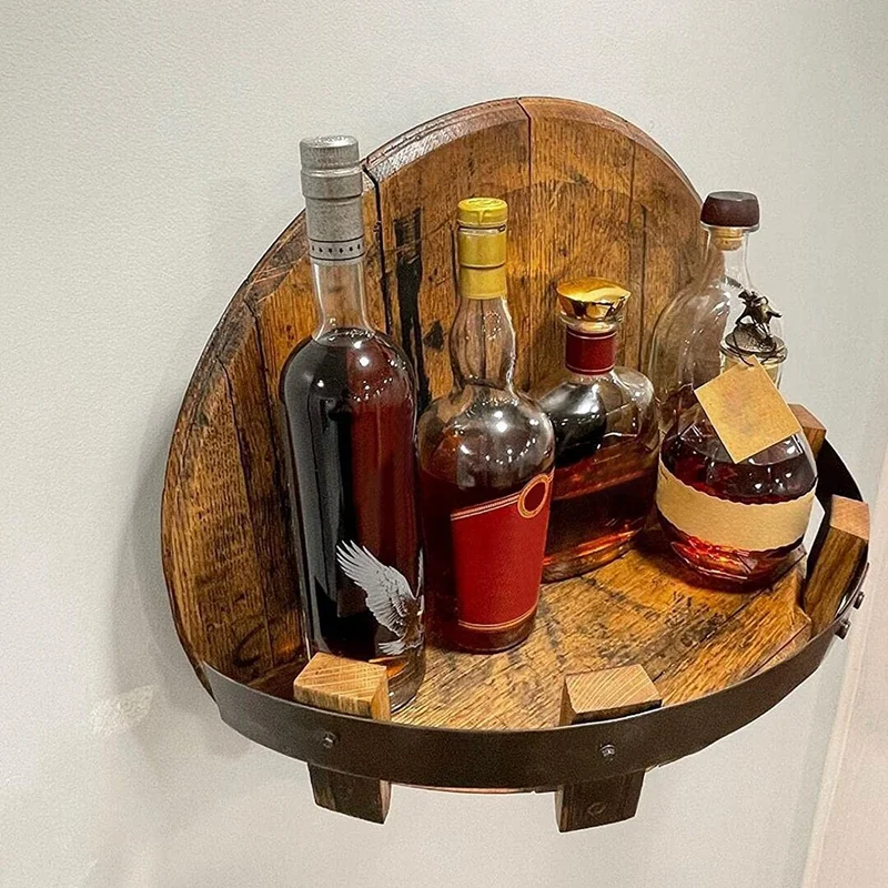 Handcrafted Liquor Bottle Display, Wall Mounted Whiskey Barrel Shelf, Vintage Round Wine Rack Whisky Display