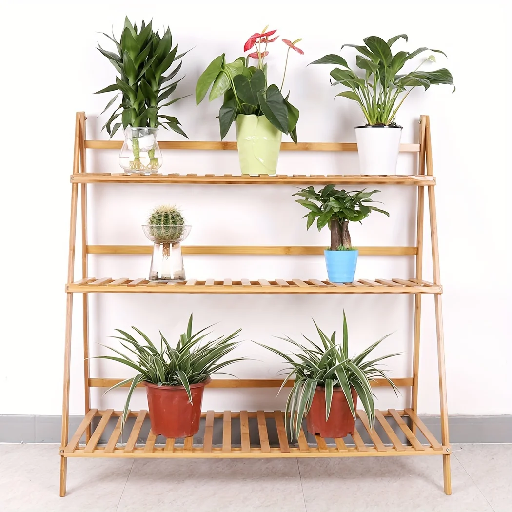 Multi-Functional 39.37inch 3-Level Collapsible Bamboo Shelf for Displaying Flower Pots And Organizing Plants, Suitable