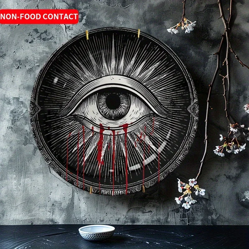 1pc Gothic Black and White Art Ceramic Decorative Plate - Abstract Blood-Themed Eye Design, Non-Food Contact, Ideal for Home,