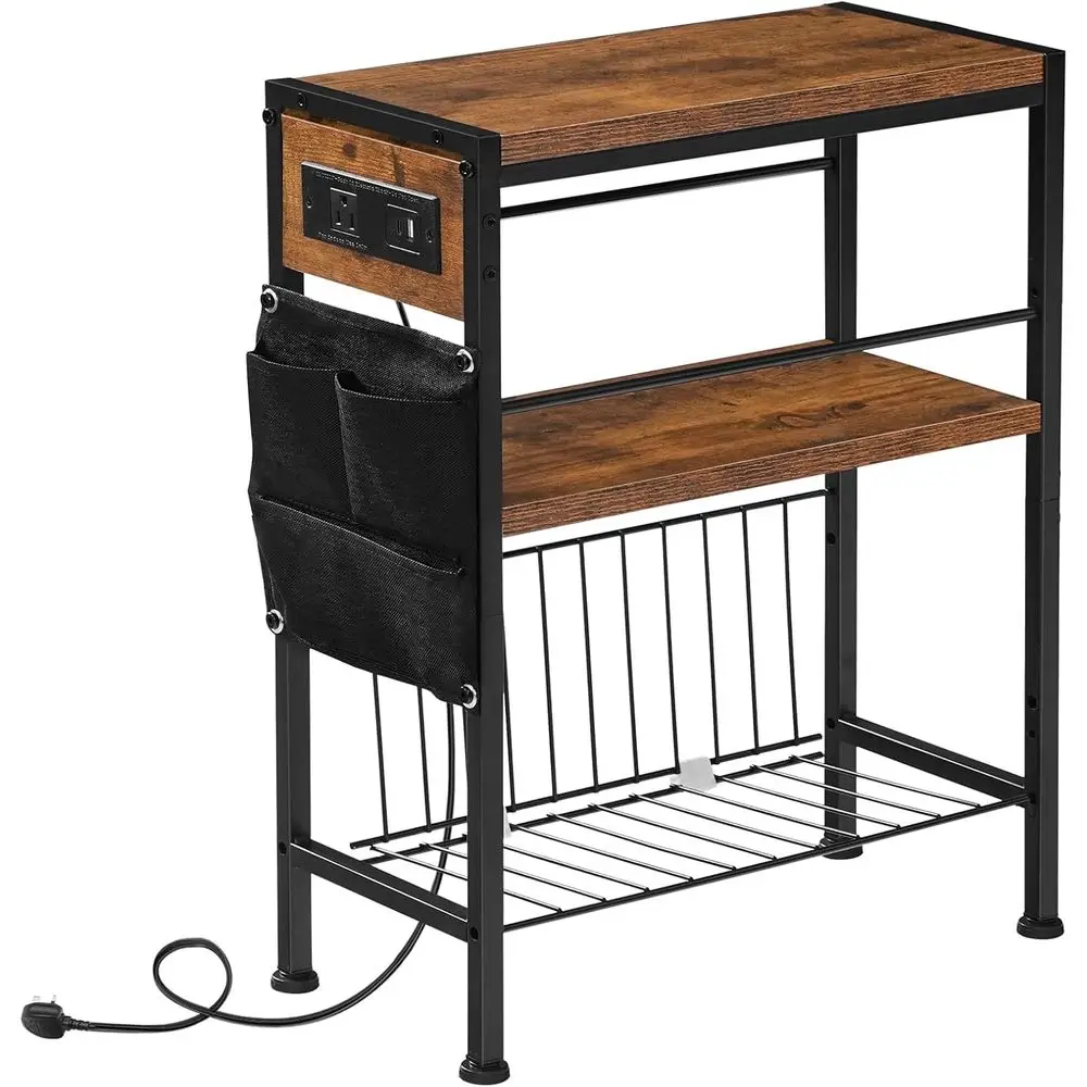 End Table with Charging Station, Small Side Table with Magazine Holder, Nightstand Bede Table, 3-Tier Storage Shel or Small Spac