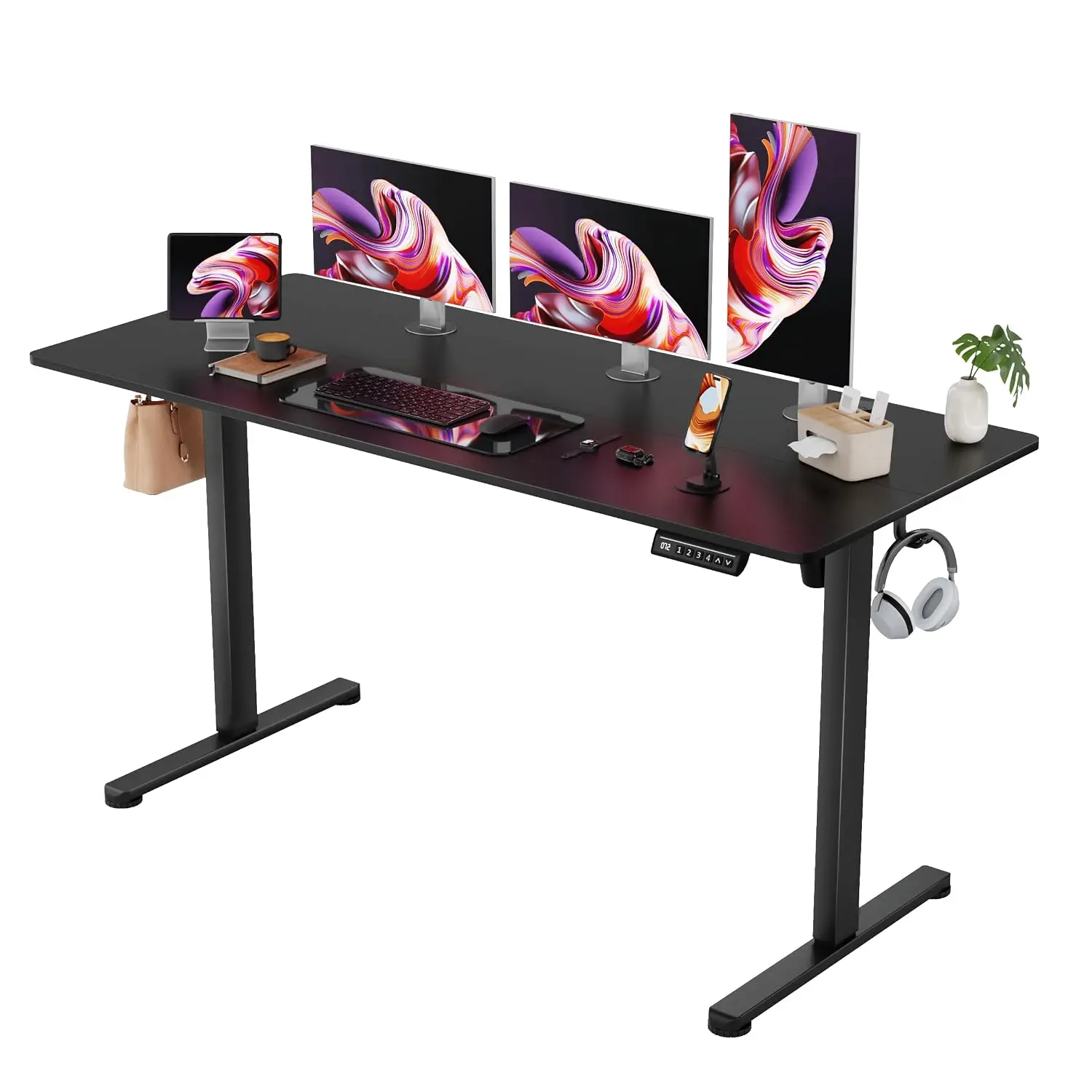55 Inch Electric Standing Desk Height Adjustable Office Computer Desk with Phone Holder Headphone Hook 4 Height Settings 2 Memor