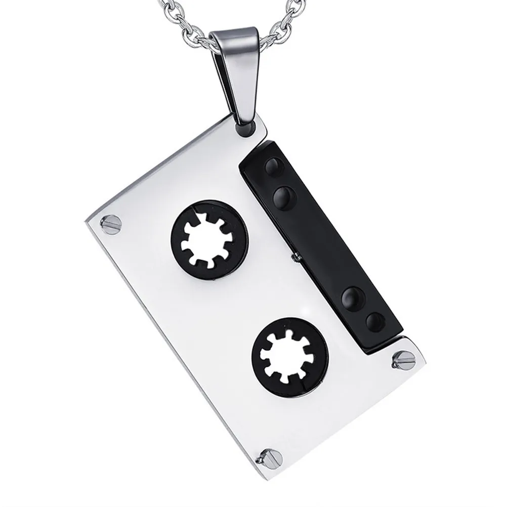 Mens Hip Hop Titanium Steel Cassette Tape Pendant Necklace Music Lover Fashion Design Jewelry Best Gift for Husband Son Dad