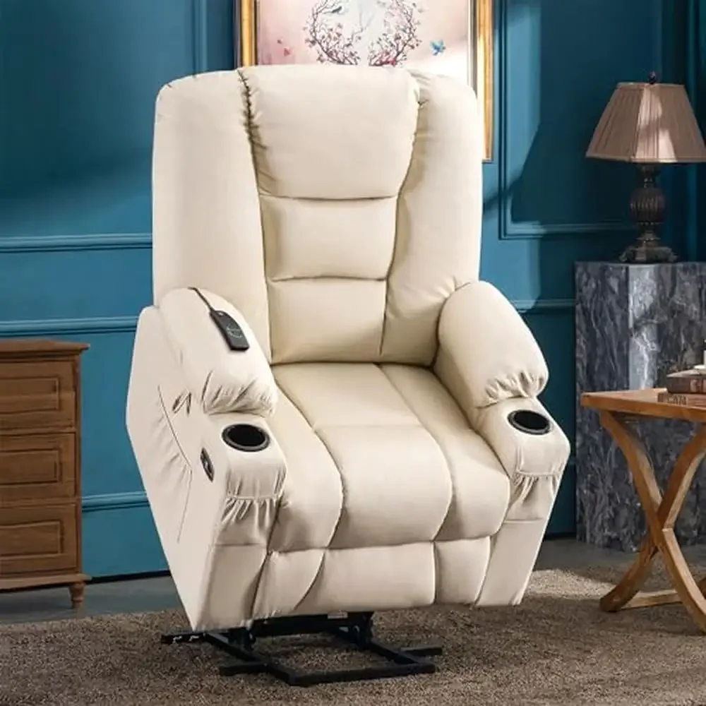 Power Lift Recliner Chair Massage Heat Elderly USB Cup Holders Side Pockets Faux Leather Medium Cream Relaxation Comfort Easy