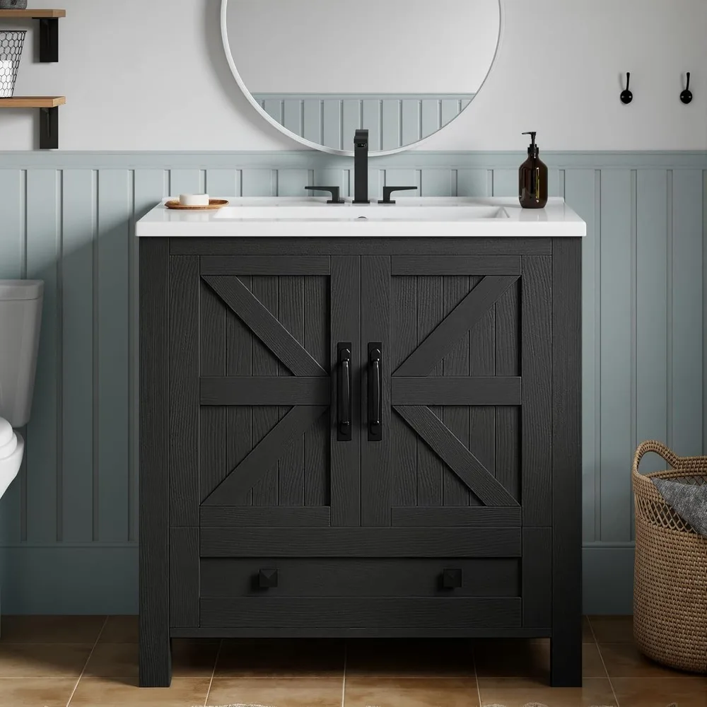 

30 Inch Farmhouse Bathroom Vanity with Sink Compact Storage Cabinet Large Drawer Two Wooden Barn Doors Built-in Racks
