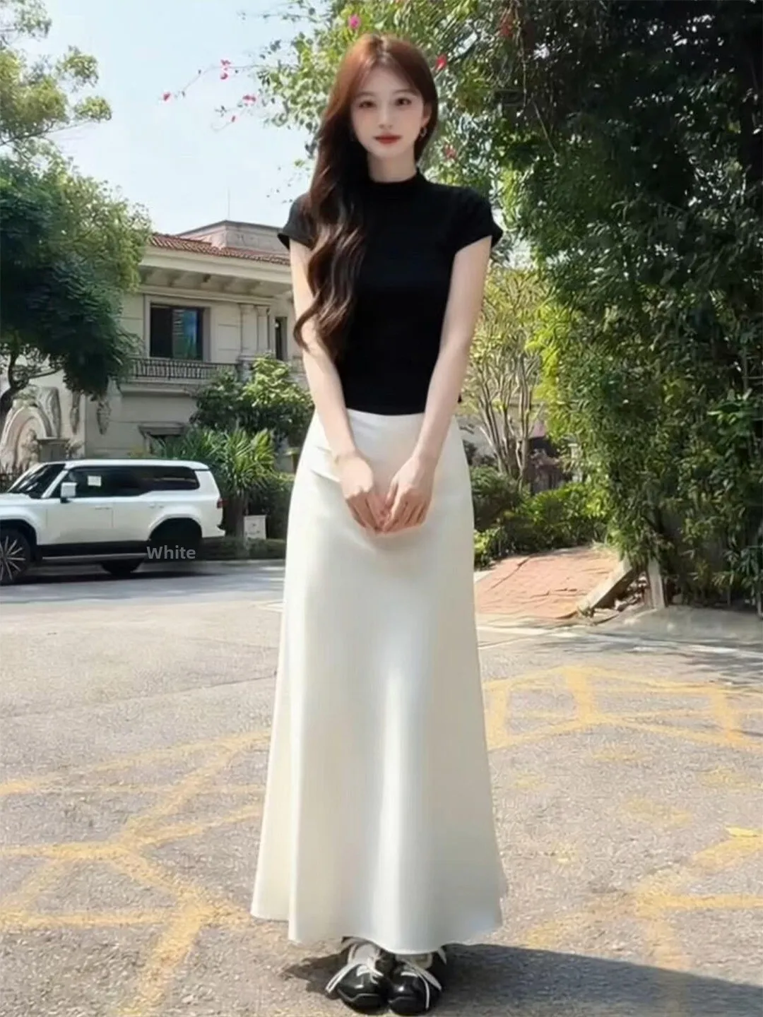 

White High Waist Slimming Bodycon Dress Short Sleeve round Neck T-Shirt Set Korean Light Maturity Style Summer Fashion Outfit