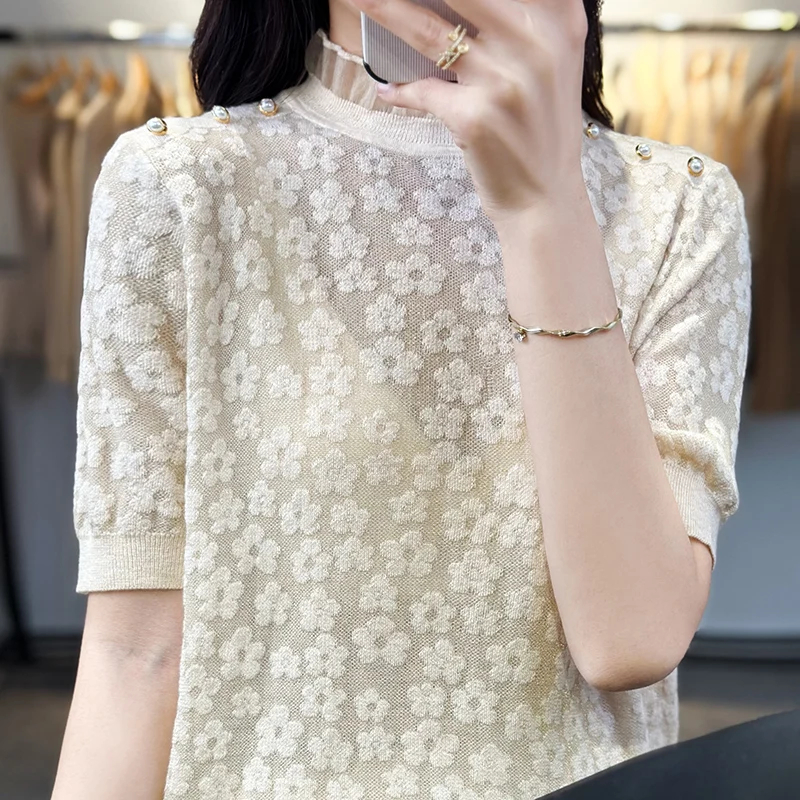 

Женская свободная трикотажная шерстяная футболка ort Sve с ажурным дизайном и кружевными деталями, летний новый тонкий повседневный топ