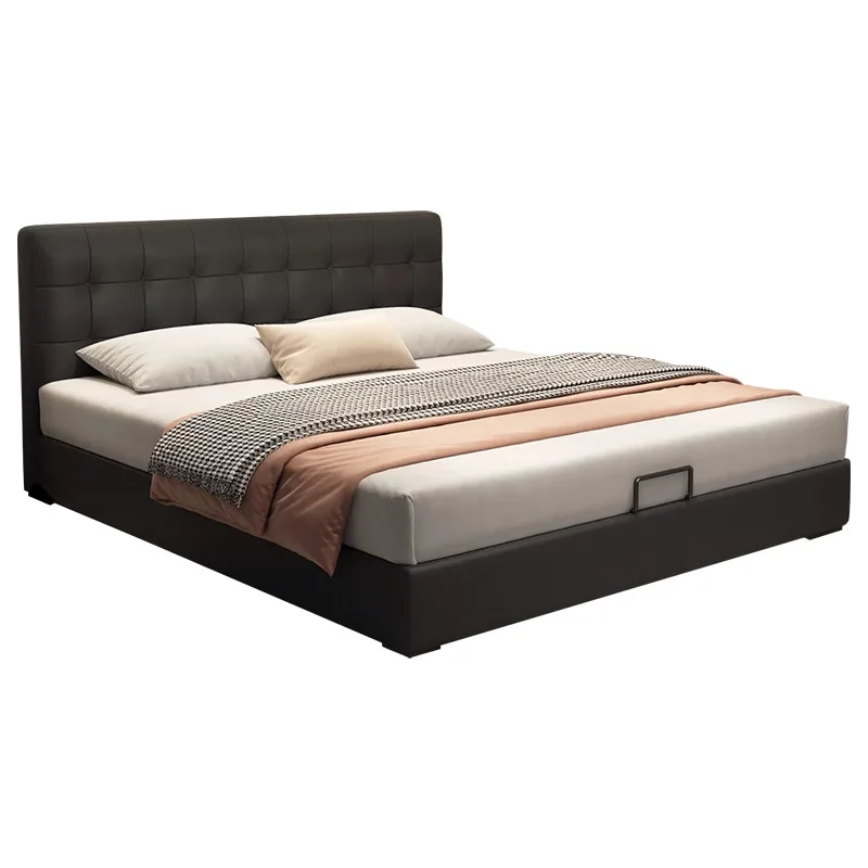 

Black, suspended bed, modern, simple, master bedroom, wedding bed, first layer, cowhide, retro style, solid wood, soft bag.