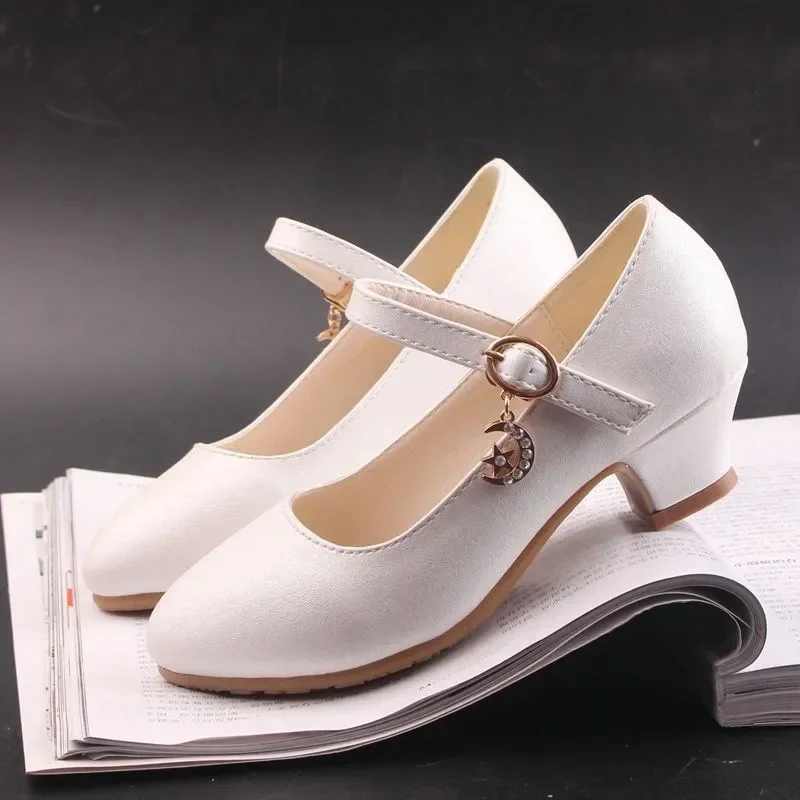 White Pink Children Party Leather Shoes Girls Elegant Fashion Kids High Heels for Princess Single Shoes Student Show Dance Shoes