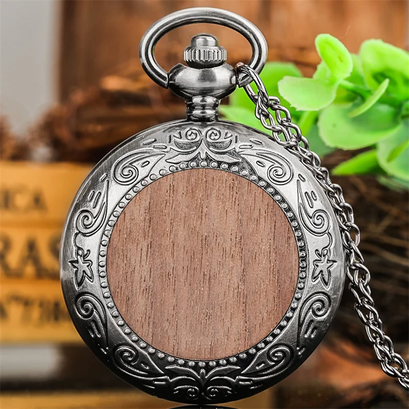 Customizable Blank Wooden Surface Pocket Watch Retro Quartz Movement Watches Pendant Necklace Chain Arabic Number Display