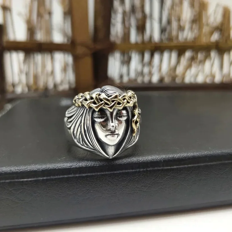 S925 Sterling Silver Women's Portrait Carved Ring Vintage Fashion Open Ring Wealth Goddess Charm Jewelry