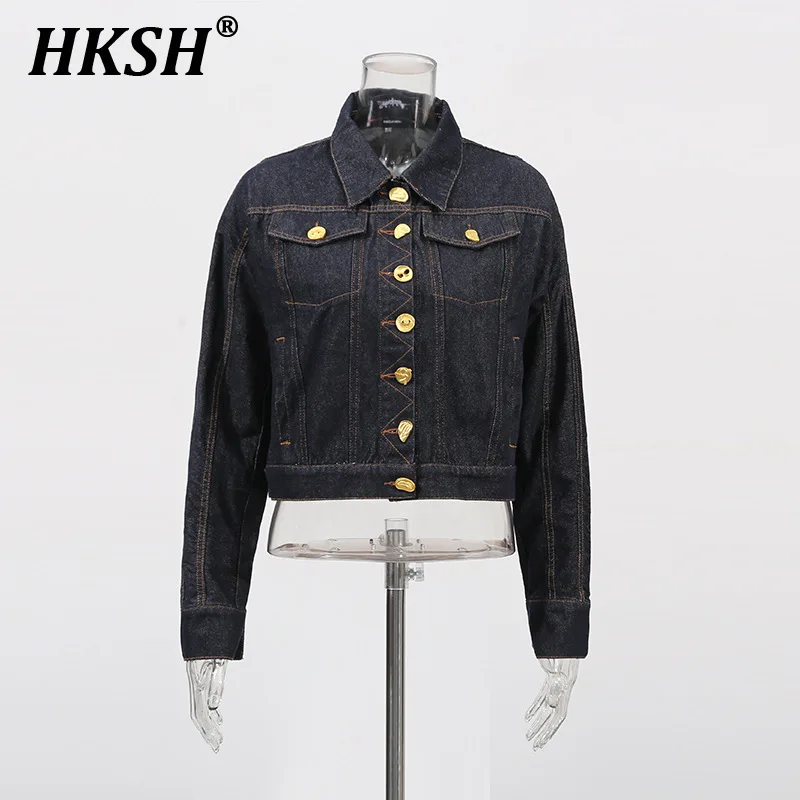 HKSH Spring Summer New Women's Tide High Street Niche Design Long Sleeved Single Breasted Multi-pocket Short Denim Jacket HK6137