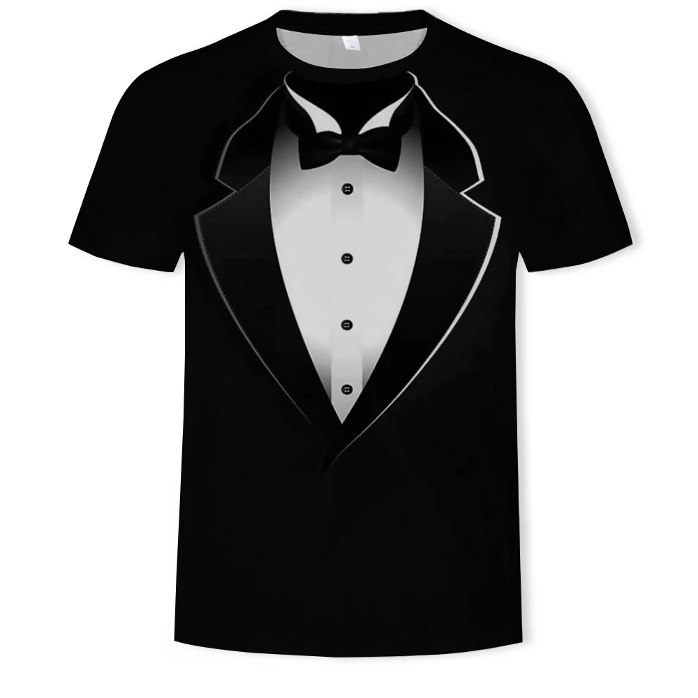 Men\'s 3D Print Hip Hop T-Shirt round Neck Short Sleeve Personality Top for Summer Leisure Imitate a Suit Picture Thin Style