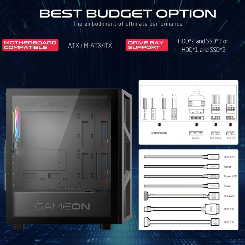حافظة كمبيوتر للألعاب – دعم ATX/M-ATX/ITX، زجاج مقسى، إضاءة ARGB+PWM، 4 مراوح مثبتة مسبقًا، جاهزة لتبريد المياه 280 مم - Bla