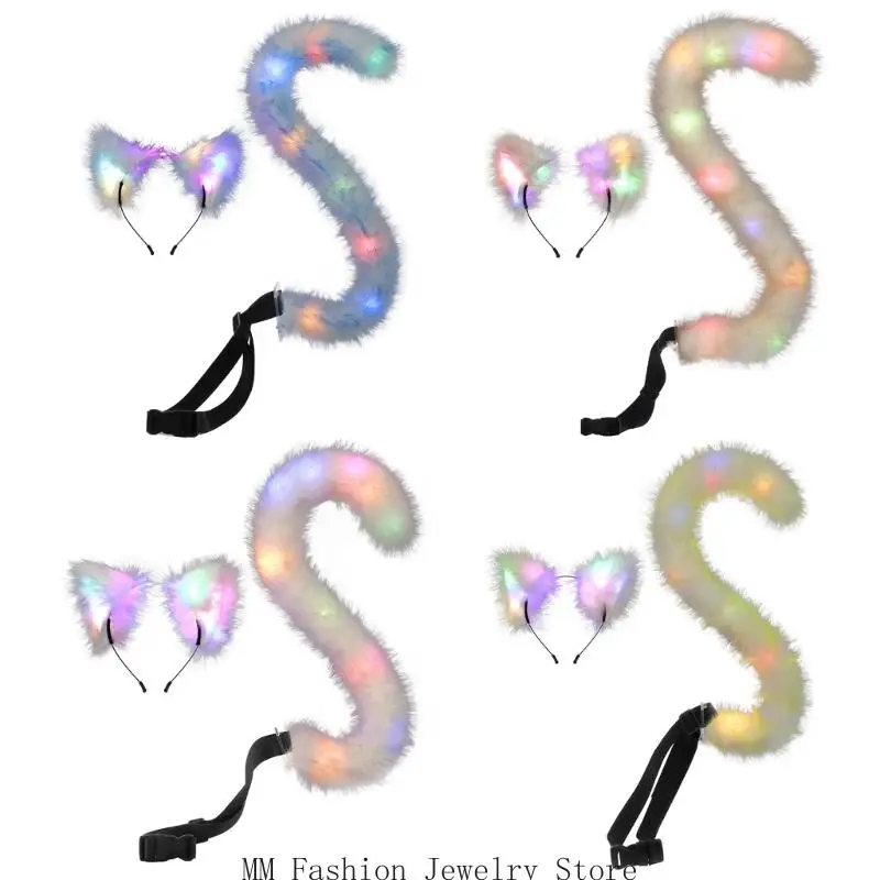 

D0UB Glowing Cats Ear Hairband With Removable Tail Adjustable Fit Perfect For Dance Parties