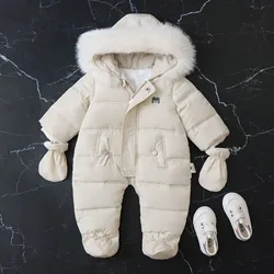 Winter New Baby Rompers Hooded Plush Children's Solid Color Jumpsuit Lining Jumpsuits Warm Infant Outerwear Kids Fleece Romper