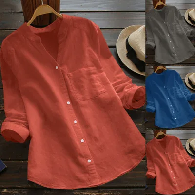 

Loose Cotton Linen irt Pure Color Casual Sle Retro Spring Autumn Women's Faion Comfortable Breathable Button up Top
