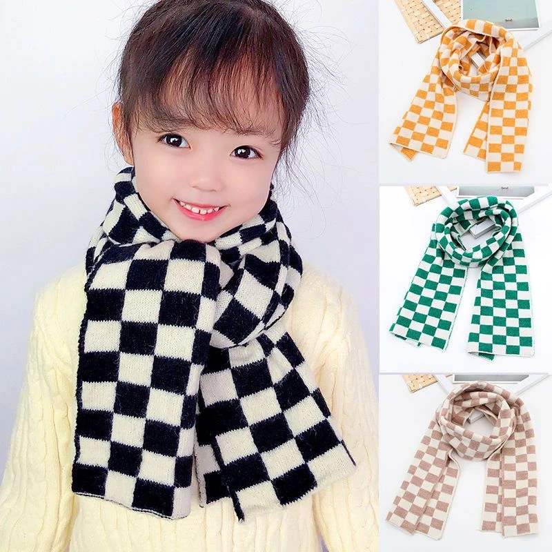 Checkerboard children\'s wool scarf knitted Korean black and white checkered children warm autumn and winter baby boys and girls